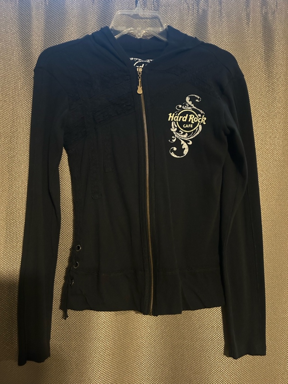 Hard Rock Cafe Black Hoodie with White and Gold Logo